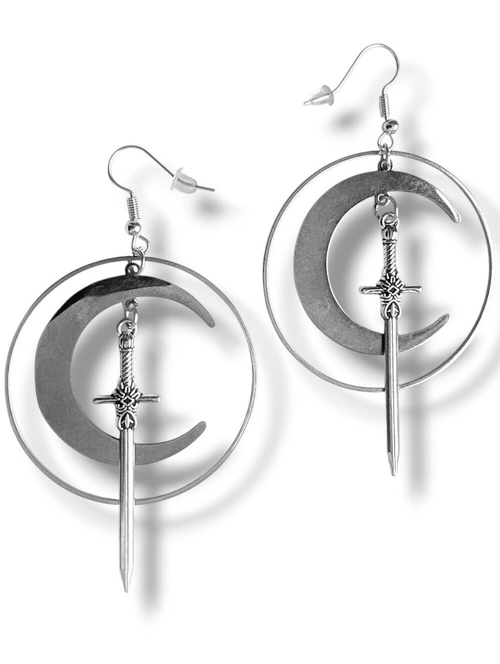 NWT Handmade Silver Crescent Moon Sword and Hoop Earrings